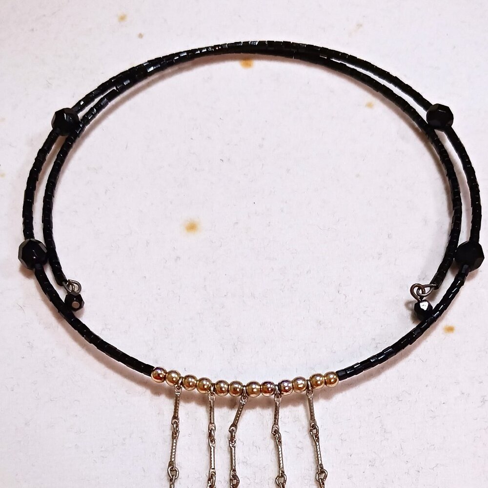 Handmade Black and Silver Beaded Fringe Choker Memory Wire Necklace - Picture 7 of 8